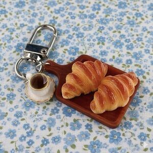 Croissant Keychain with Coffee Charm